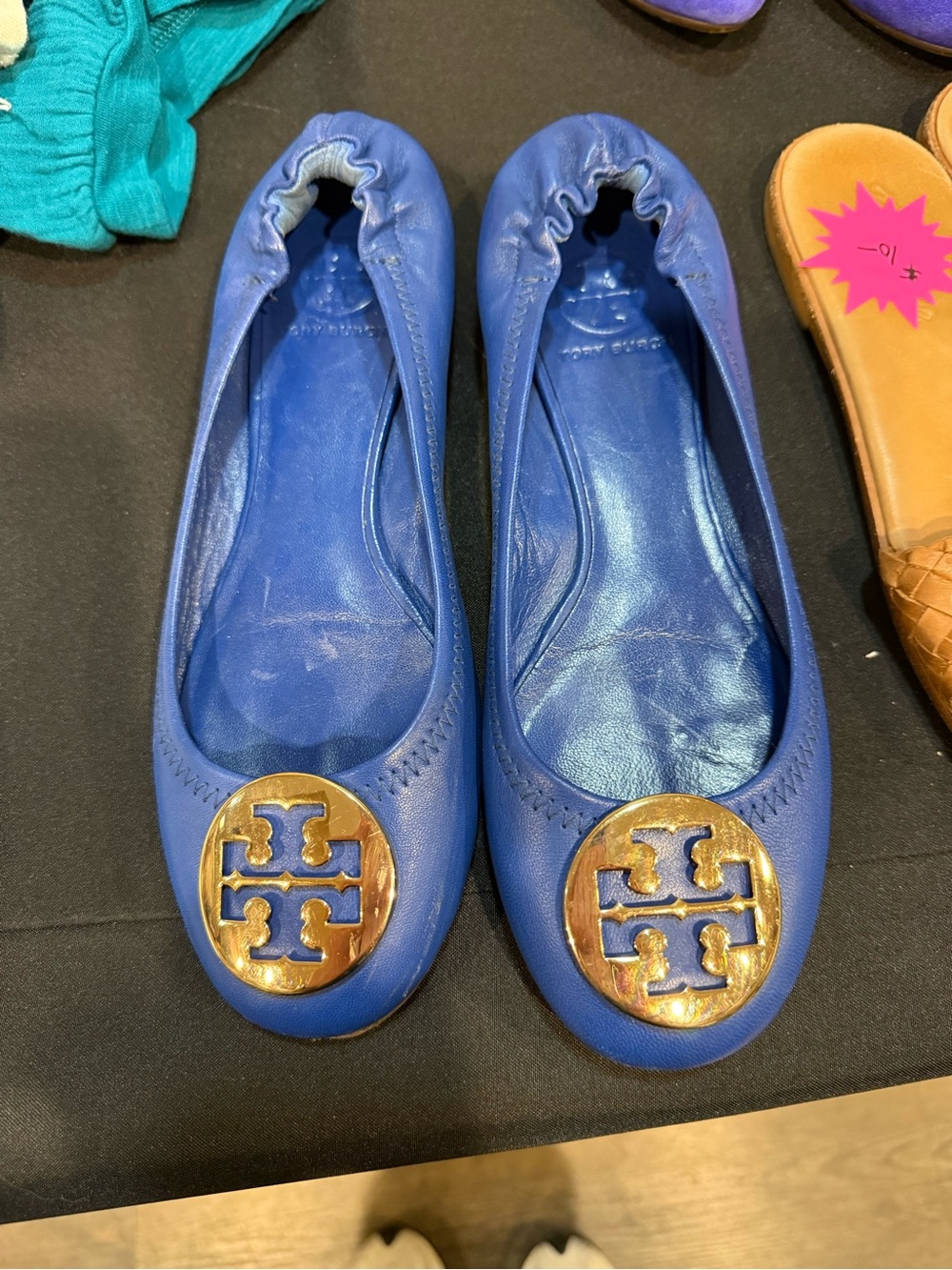 Tory Burch Royal Blue Leather Ballet Flats with Gold Logo